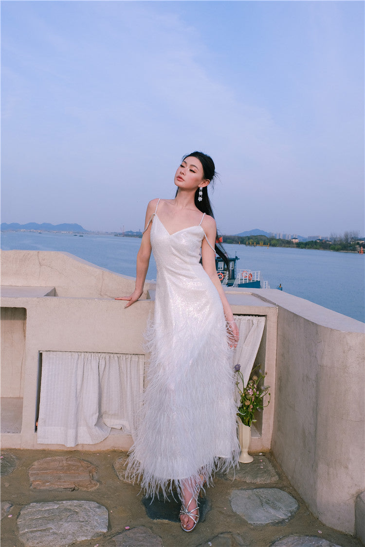 Wardrobes by Chen Luxury White V-Neck Feather Engagement bridal Dress-Destiny M / White Wardrobes by Chen Luxury White V-Neck Feather Engagement bridal Dress-Destiny M / White