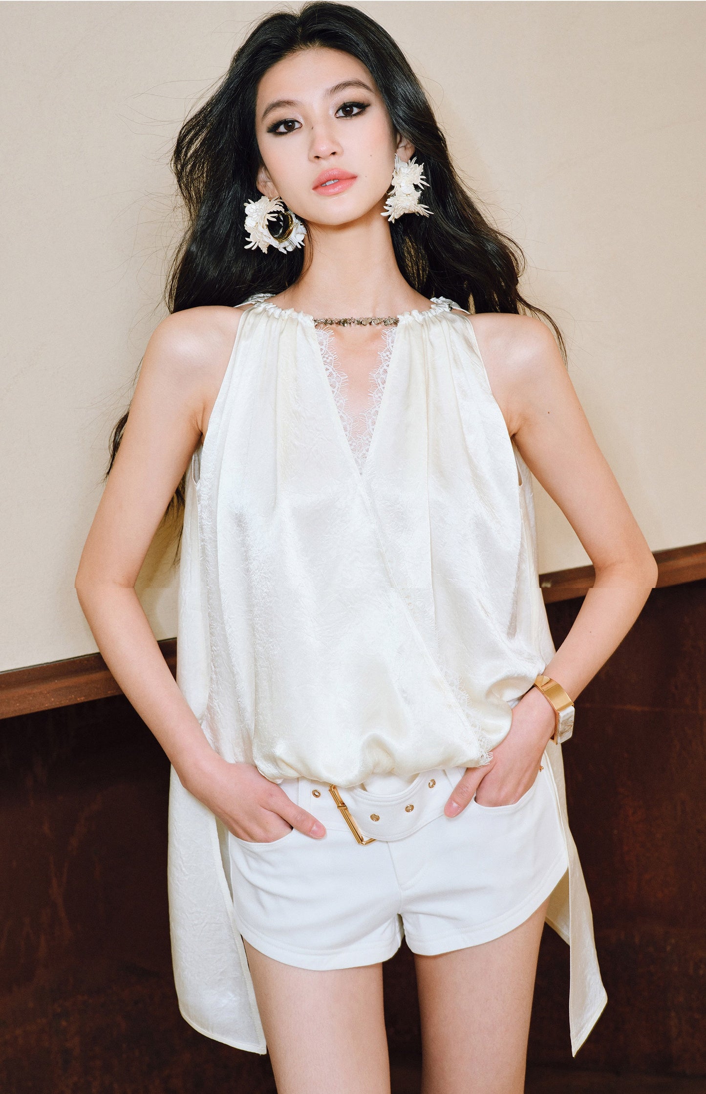 WANGXO| Acetate  Lace-Trimmed Metal Chain Halterneck V-Neck Pleated Top -AYRA.