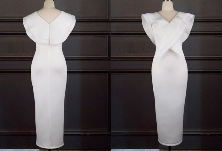 DOLLY Elegant White V-Neck Flying Ruffle Sleeve Slim Fit Long Goddess Dress-CLAUDIA