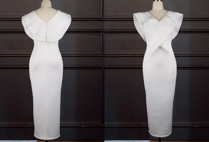 DOLLY Elegant White V-Neck Flying Ruffle Sleeve Slim Fit Long Goddess Dress-CLAUDIA