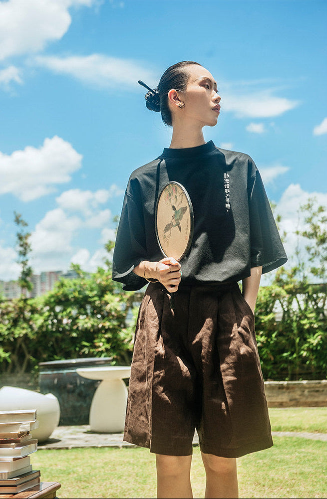TUYUE Moon Paint Black Mercerized Round Neck Short Sleeve Cotton T-shirt- PETER.
