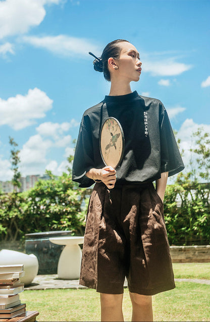 TUYUE Moon Paint Black Mercerized Round Neck Short Sleeve Cotton T-shirt- PETER.