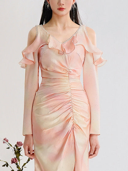 CHECOCRE Elegant Pink Smudge Sexy Off-the-shoulder Slit Midi Dress - CHERRY