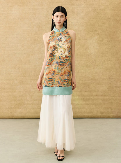 HECO Chinese Stand Collar Color-Blocked Golden Dragon Embroidery Dress - ZIPH