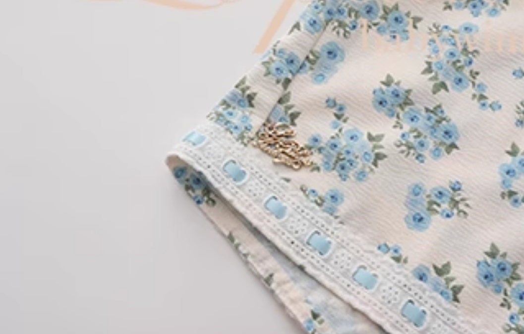 Le Palais Vintage blue floral princess square neck dress-ITSUKA