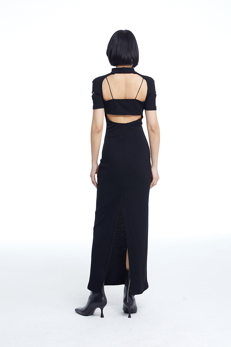 TINY IN fake two-piece deconstructed knitted back slit midi black dress -PUPIN