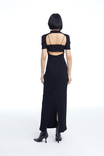 TINY IN fake two-piece deconstructed knitted back slit midi black dress -PUPIN