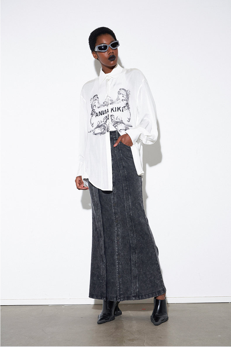 ANNAKIK autumn niche designer gray black two-piece denim skirt-NAYUTA