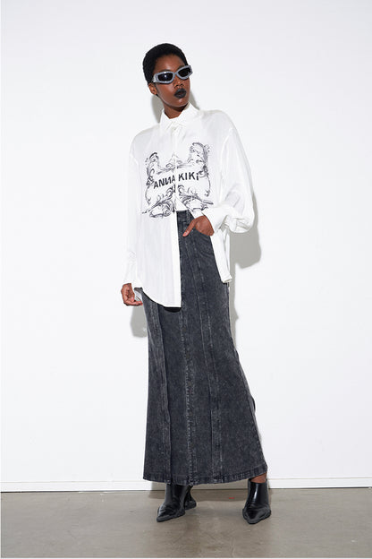 ANNAKIK autumn niche designer gray black two-piece denim skirt-NAYUTA