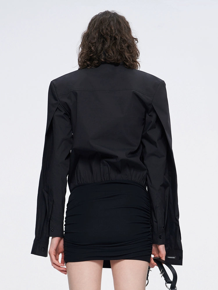 ANNAKIKI black double-sleeved needle shuttle spliced dress for women-FUMIHITO