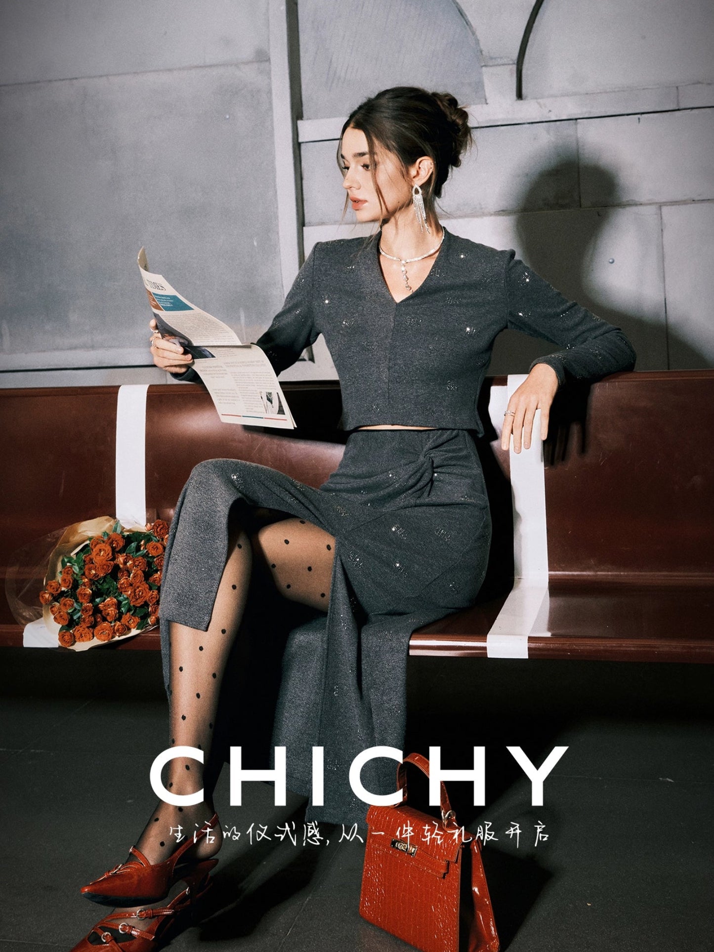 CHICHY French Grey Knitted V-Neck Slim Sweater Long Skirt Two-Piece Set-NANCY