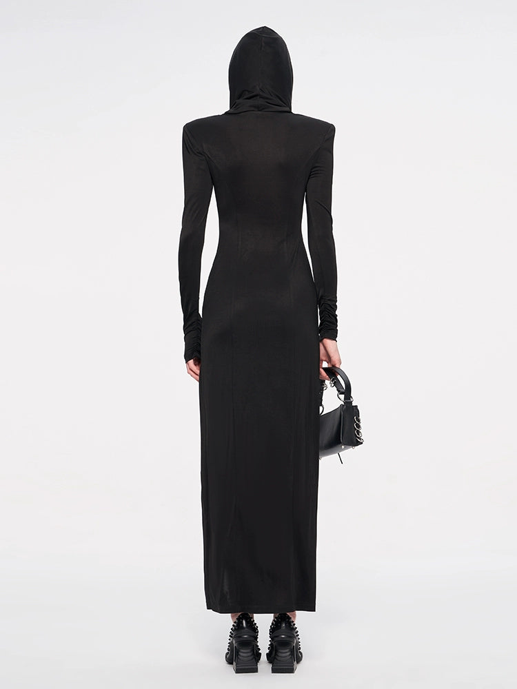 ANNAKIKI Designer Black Acetate Hood Slit Long Skirt Dress-HARUNA