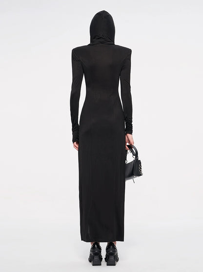 ANNAKIKI Designer Black Acetate Hood Slit Long Skirt Dress-HARUNA
