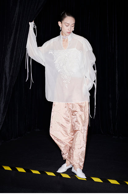 M essential Mackay designer soft-paper pale overshirt with pavement embroidery - serious.