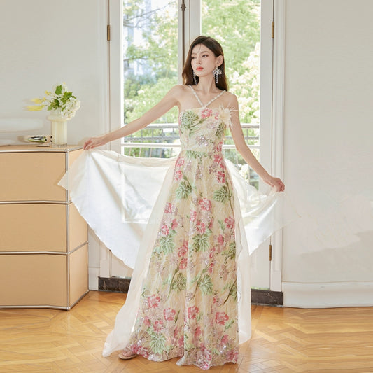 DOLLY Elegant Flower Print Sleeveless Sequin Embroidered Long Halter Neck Dress-DOMMA  (V)