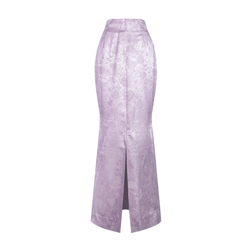 TUYUE Lilac Purple Satin Jacquard Slit Zipper Slim Mermaid Skirt - MIKO.