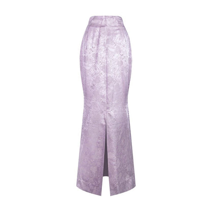 TUYUE Lilac Purple Satin Jacquard Slit Zipper Slim Mermaid Skirt - MIKO.