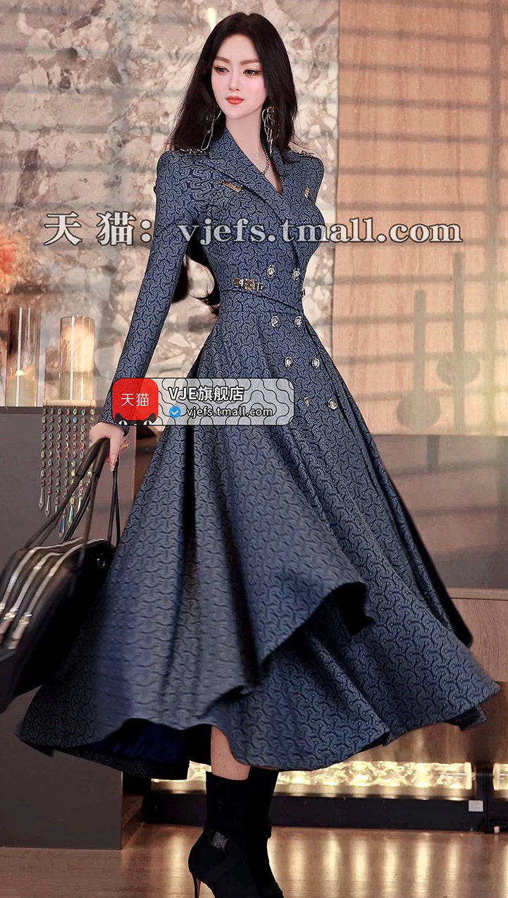 VJE Women's Printed Trench Coat Waist Double-breasted Jacket-JOJO.