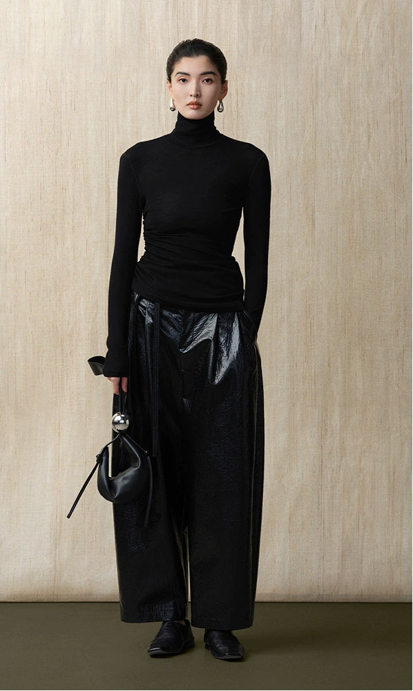 ZHUCHONGYUN Turtleneck Drawstring Silk Wool Blend Sleeve Top--MADO.