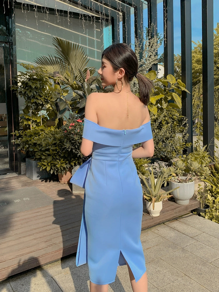 DOLLY Elegant Blue Sleeveless Off Shoulder Chest Wrap Midi Dinner Dress-DARA