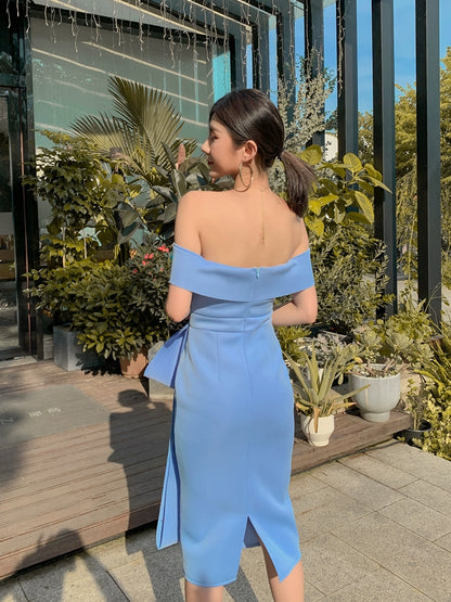 DOLLY Elegant Blue Sleeveless Off Shoulder Chest Wrap Midi Dinner Dress-DARA