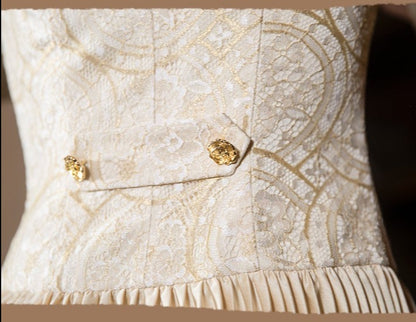 MagicQ retro elegant beige lace embroidery waist pleated suit dress- Vela
