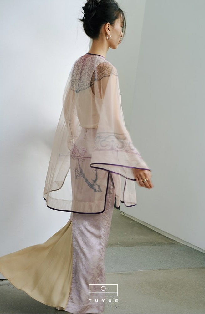TUYUE Lilac Purple Satin Jacquard Slit Zipper Slim Mermaid Skirt - MIKO.