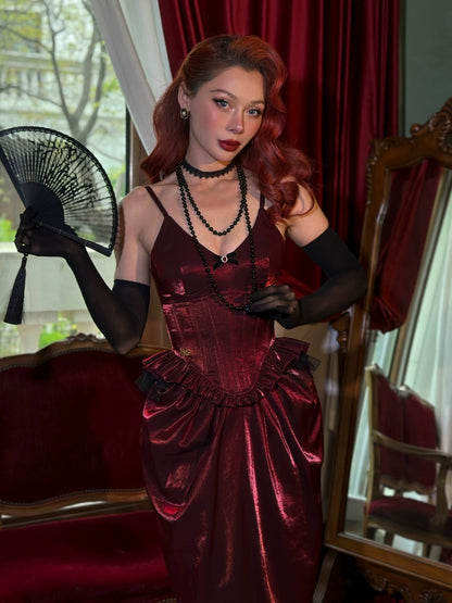 Le Palais Vintage  Red Fishbone Corset High Waisted Flower Bud Pencil Skirt-ALEC