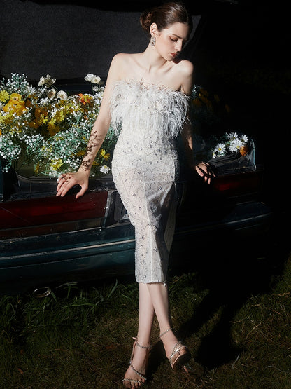 Wardrobes by Chen  luxury wedding White Haute Couture Feather Sequin Dress-Masa