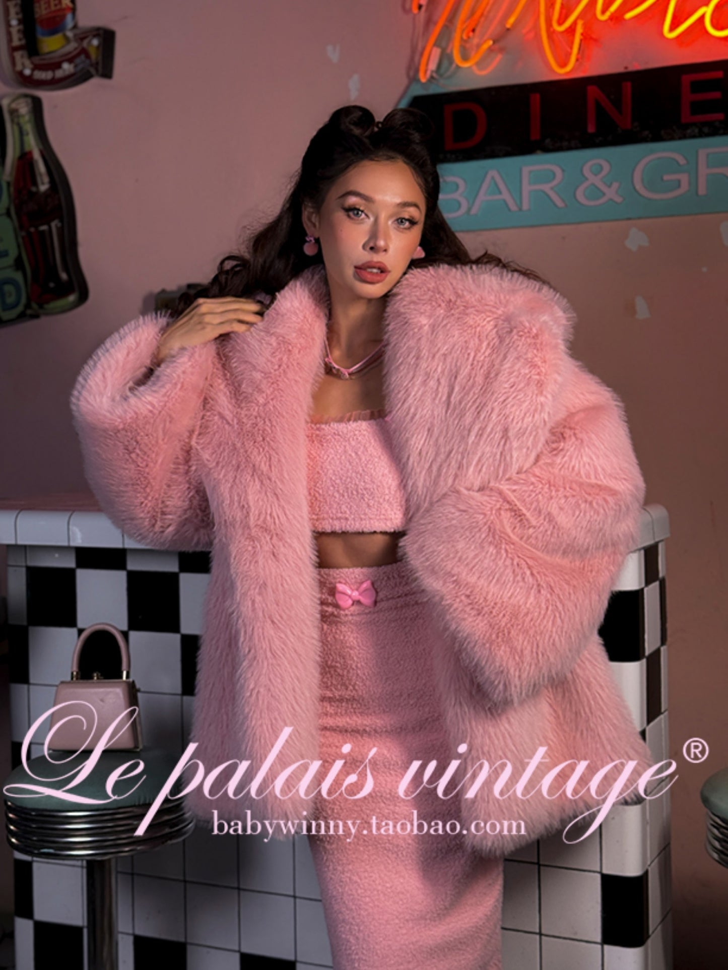Le Palais Vintage Pink Plush Crop Top + Hip Skirt Set