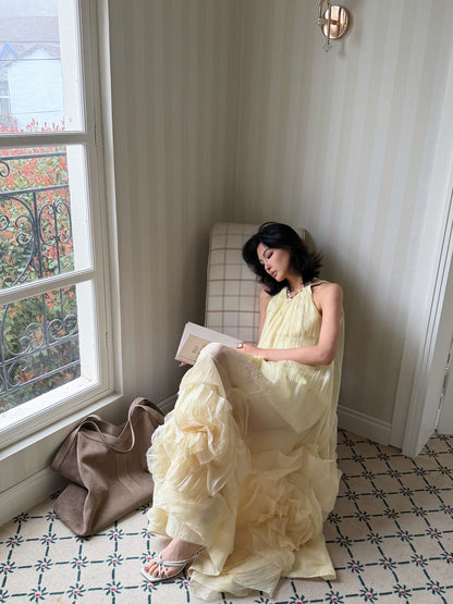MEI SANGUAN Yellow sleeveless 3D flower long dress - ERICA