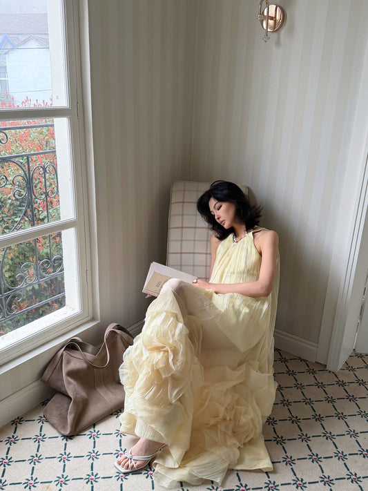 MEI SANGUAN Yellow sleeveless 3D flower long dress - ERICA