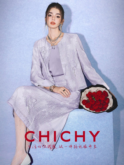 CHICHY cool and luxurious purple embossed texture jacquard top long skirt suit-NICK