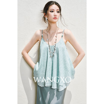 WANGXO | Silky Smooth Double-Sided Satin Top Glass Beaded Umbrella Hem Suspender Skirt Set -ELVA