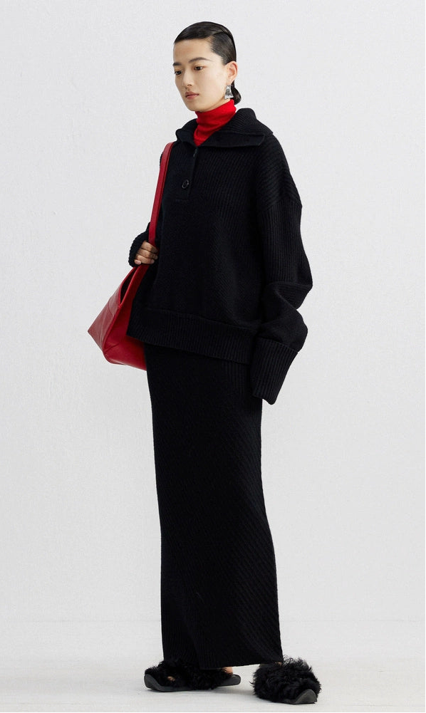 ZHUCHONGYUN winter black lapel loose wool knit top--NANA.