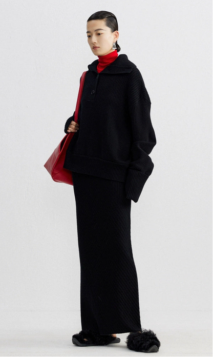 ZHUCHONGYUN winter black lapel loose wool knit top--NANA.