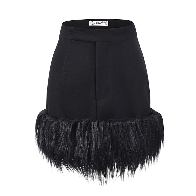 Le Palais Vintage Luxury Plain Black High Waist Hip Fur Rim Short Cocktail Skirt-Avery.