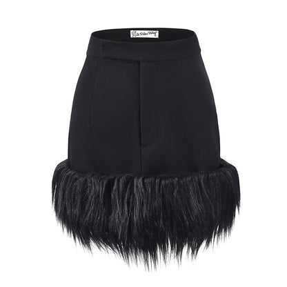 Le Palais Vintage Luxury Plain Black High Waist Hip Fur Rim Short Cocktail Skirt-Avery.