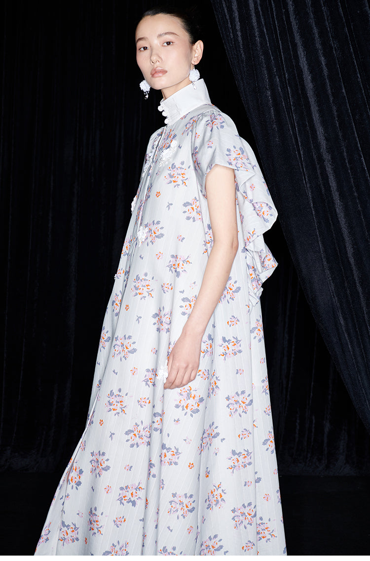 M essential Mackay designer Jinghe Printing floral nail bead puff sleeve dress - HAPPY.