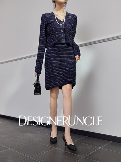 DGU|Royal Blue SSmall Fragrance V-Neck Elegant Knitted Top Two-Piece Set.