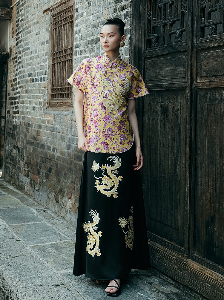 HECO Chinese style golden dragon embroidery short-sleeved placket buttoned shirt - QAND.