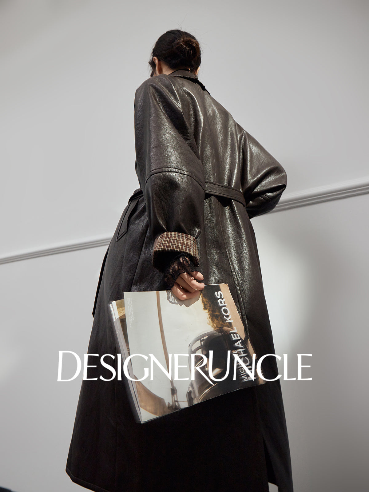 DGU|Tan leather loose slimming high-end mid-length leather jacket - Louisa.