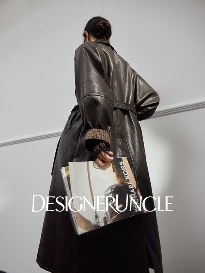 DGU|Tan leather loose slimming high-end mid-length leather jacket - Louisa.