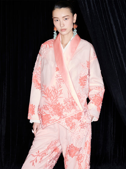 M essential Mackay designer brand falling flower embroidered fabric layered loose robe - BEAST.