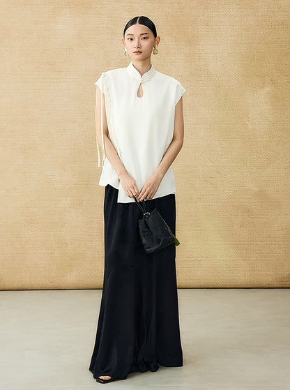 HECO Chinese Peony Buckle Short Sleeve Acetate Tassel Top - TEACH .