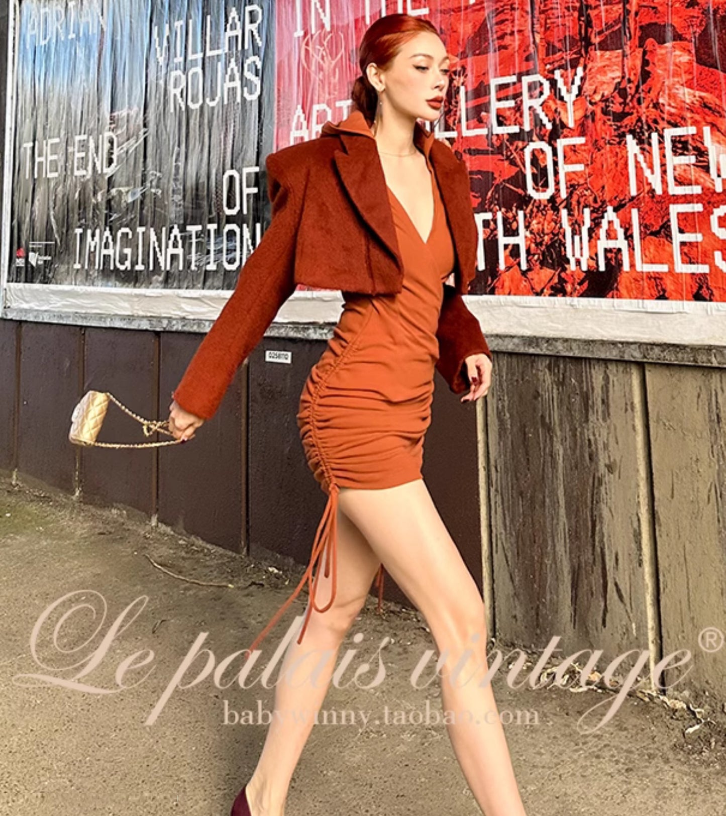 Le Palais Vintage Golden Brown Maillard hooded wide-shouldered slim-fitting pleated hip wrap KIM