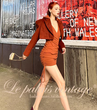 Le Palais Vintage Golden Brown Maillard hooded wide-shouldered slim-fitting pleated hip wrap KIM