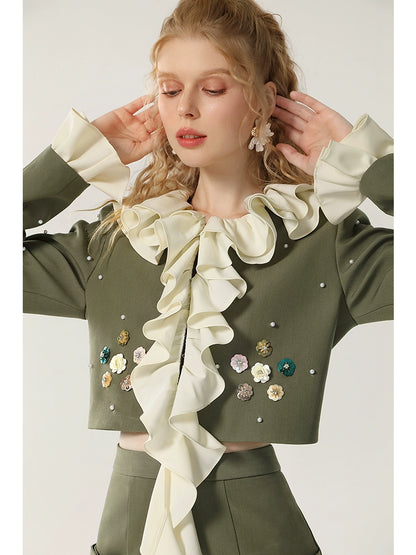 CHECOCRE Elegant Romantic Casual Ruffle Design Olive Green Mini Skirt Suit Set  - DANIEL