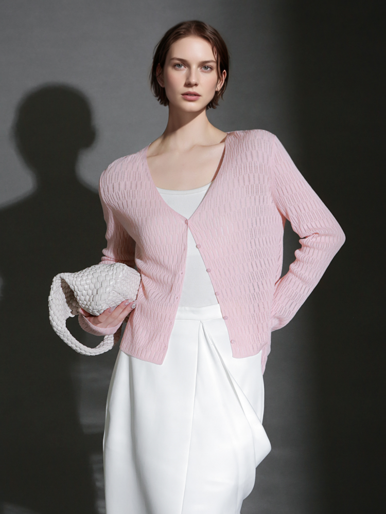 PIAOIN Tencel Linen Cool French Cutout V-Neck Cardigan Women's Slim Knit Jacket -AVA