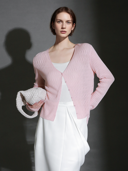PIAOIN Tencel Linen Cool French Cutout V-Neck Cardigan Women's Slim Knit Jacket -AVA